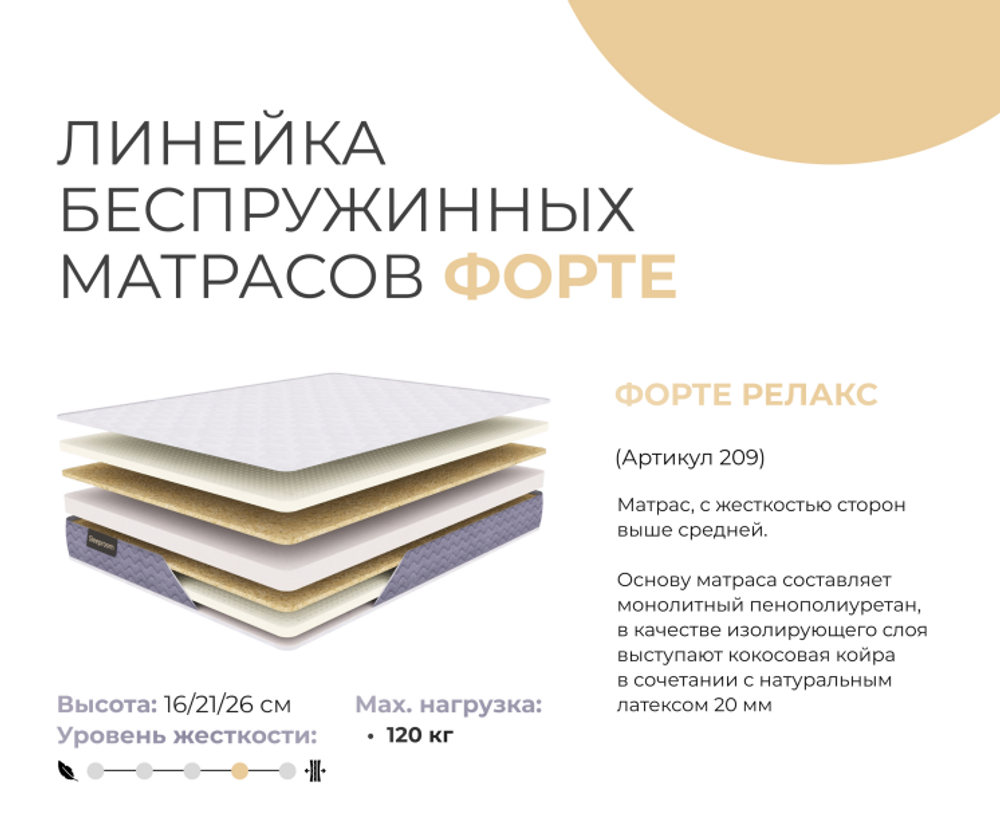БЕСПРУЖИННЫЙ МАТРАС ФОРТЕ РЕЛАКС 26 СМ.