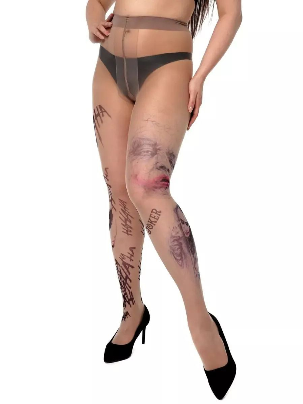 Колготки +size с принтом в виде Джокера (Размер: XL-XXL-XXXL) (Цвет: бежевый)