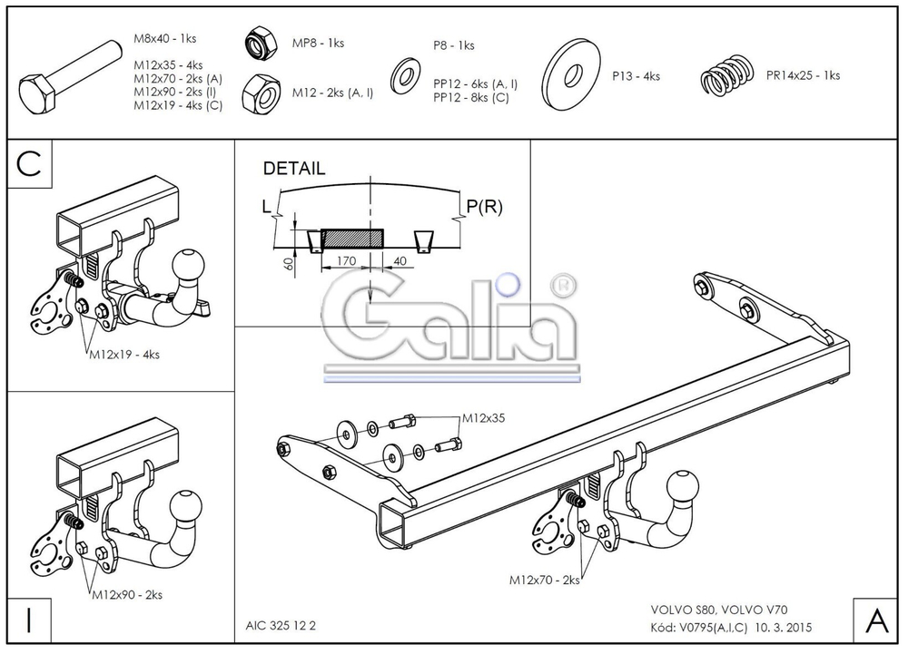 Фаркоп оцинкованный Galia V079C для Volvo S80 2006-2010, Volvo V70 2007-2016(паспорт и сертификат в комплекте)(без электрики)