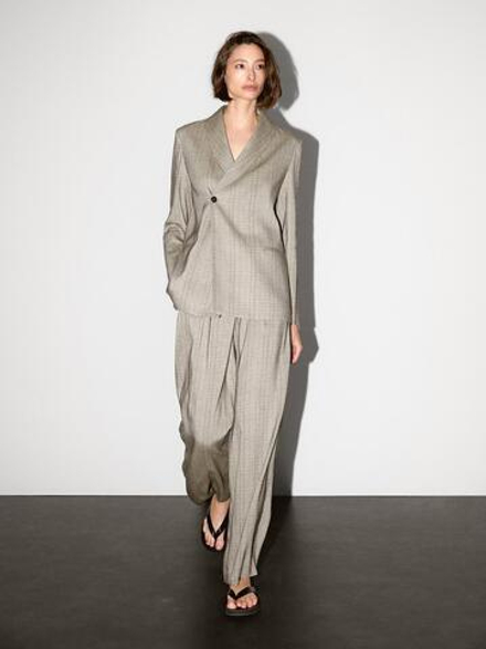 Massimo Dutti Блейзер с шалевым воротником в клетку, бежевый
