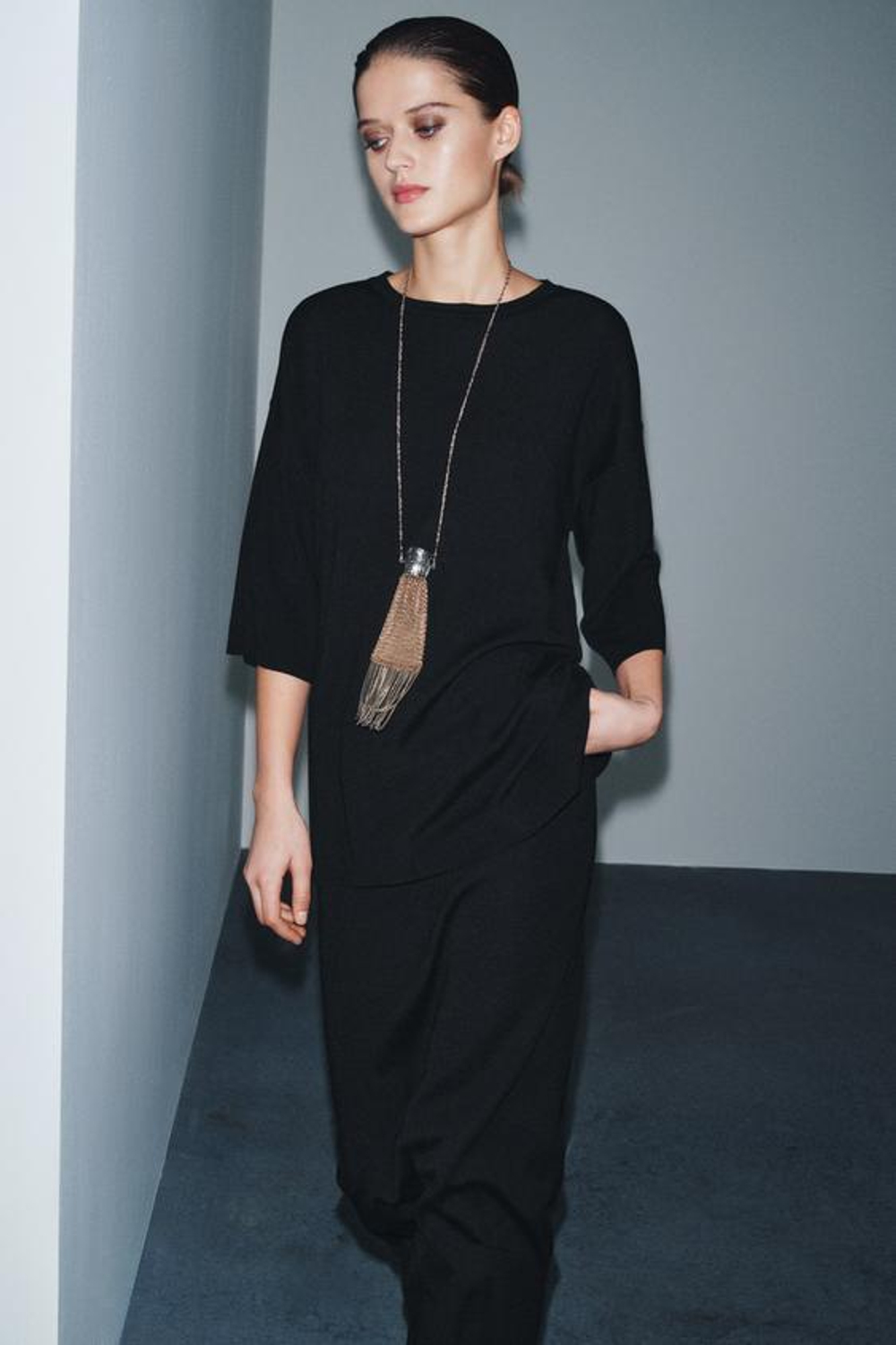 ZARA ТРИКОТАЖНАЯ ЮБКА МИДИ, ЧЕРНЫЙ