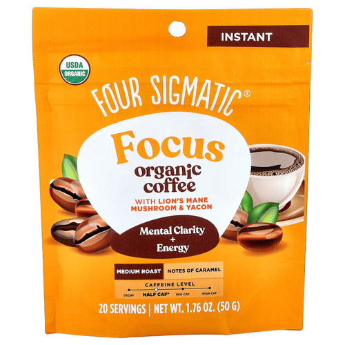 Four Sigmatic, Focus, органический растворимый кофе с ежовиком гребенчатым и яконом, средняя обжарка, 50 г (1,76 унции)