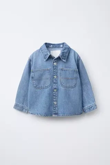ZARA ДЖИНСОВАЯ КУРТКА-РУБАШКА С ОТСТЕГИВАЮЩИМСЯ КАПЮШОНОМ, ВЫЦВЕТШИЙ СИНИЙ