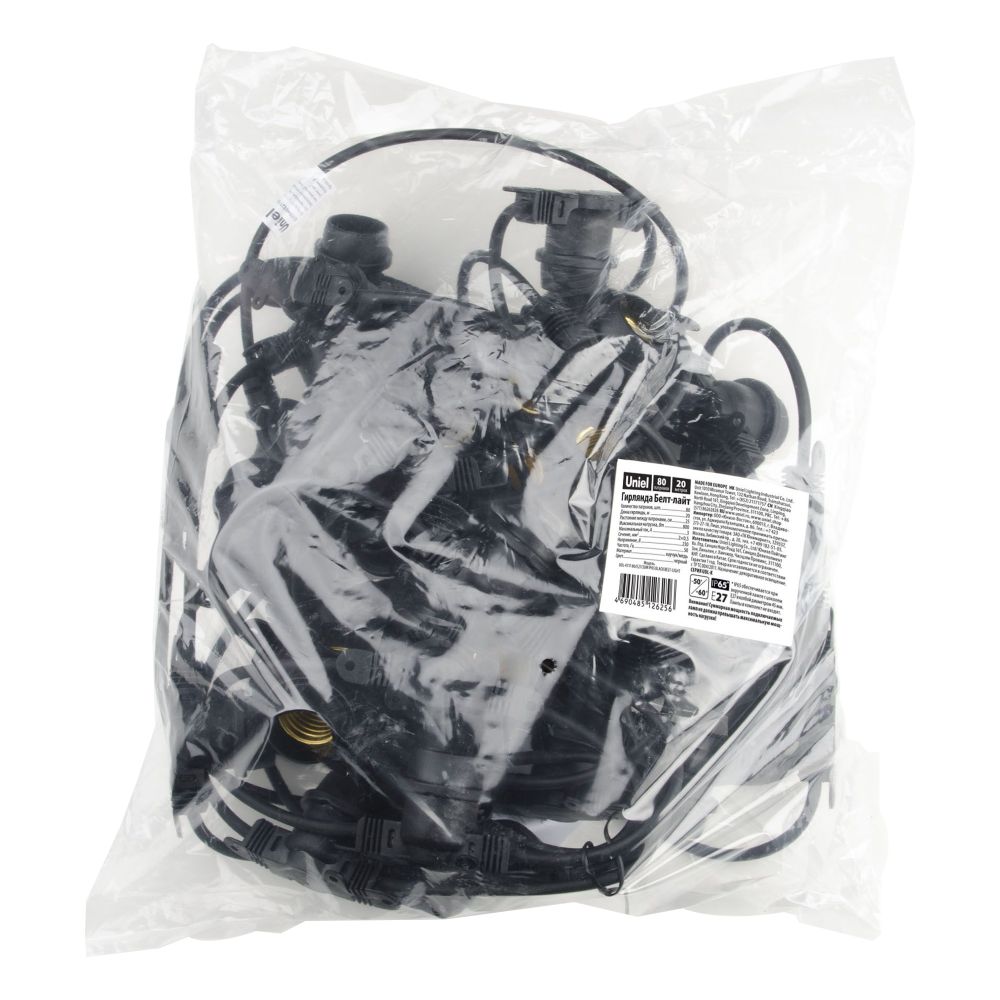 UDL-K111 80/E27/20M IP65 BLACK BELT-LIGHT Гирлянда Белт-Лайт, 20м + 1,5м сетевой шнур. 80 патронов E27, шаг 25см. Чёрная. TM Uniel.