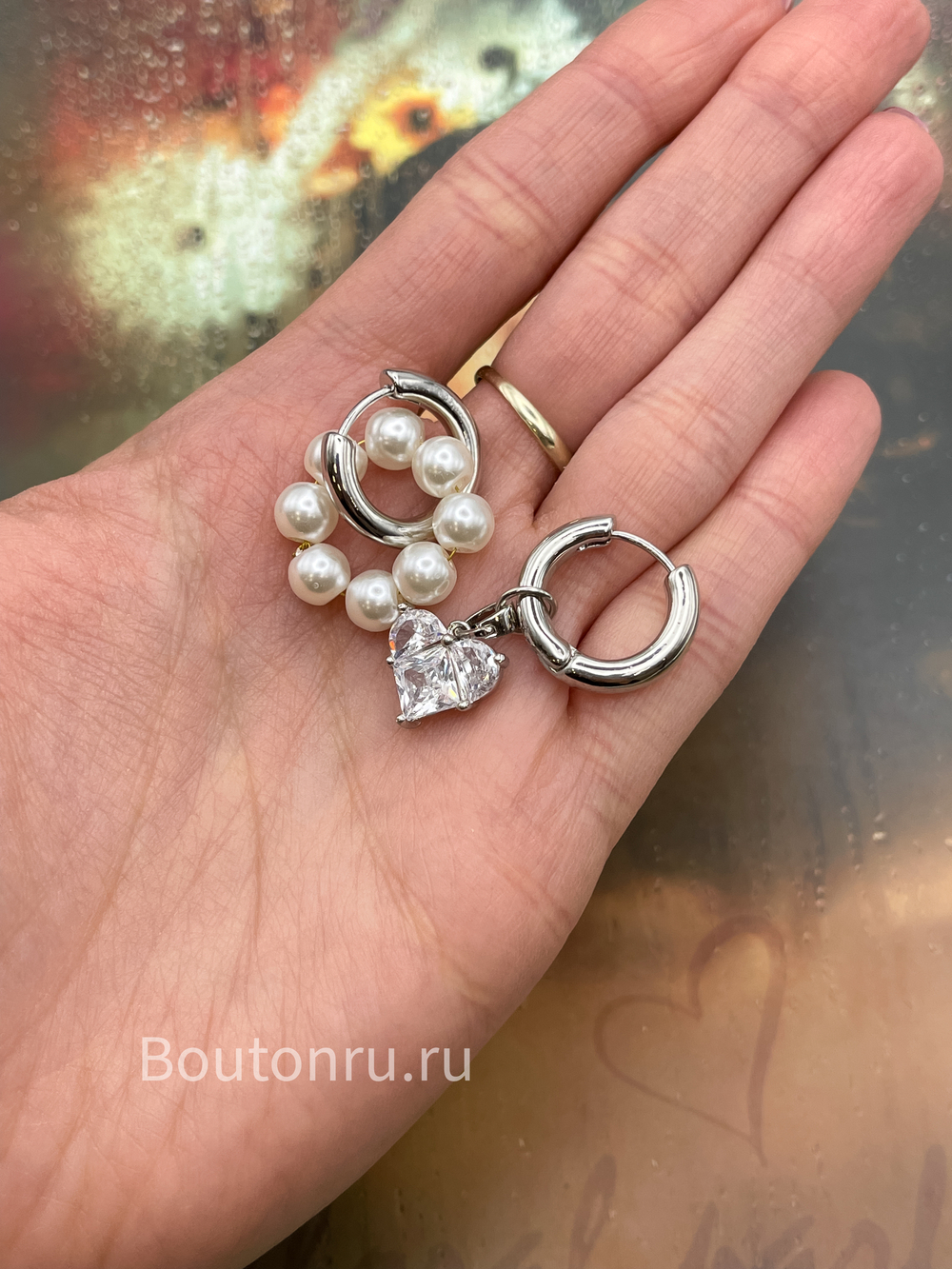 Серьги серебристые конго трансформеры с жемчугом и сердцем