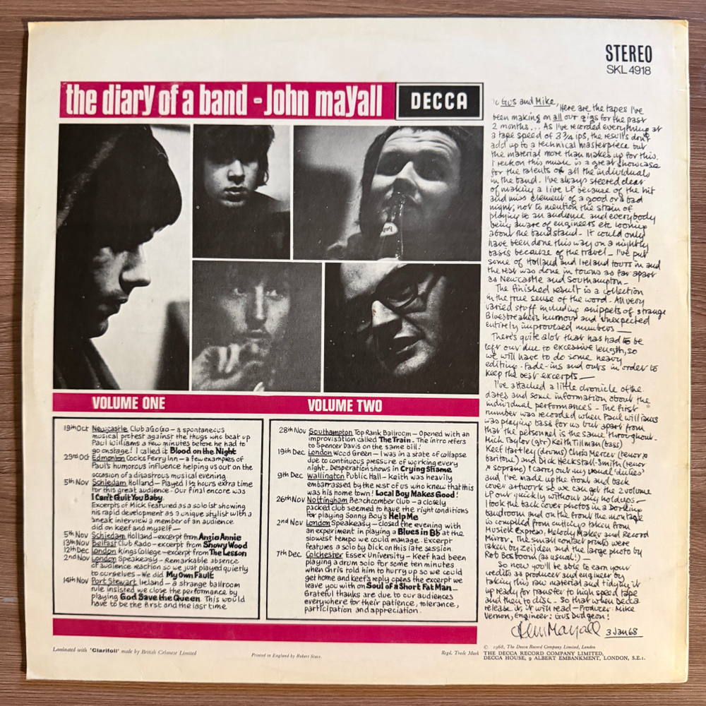 Виниловая пластинка John Mayall's Bluesbreakers - The Diary Of A Band Volume One LP
