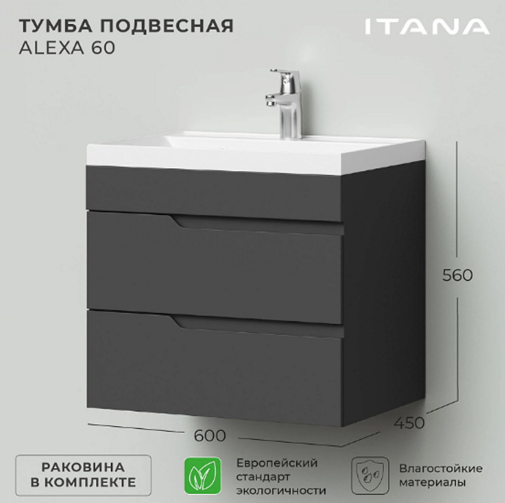 Комплект тумба Sky 60 (600х450х560) с раковиной Clarissa 60 Графит