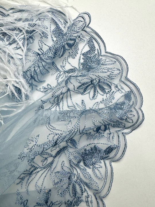 Тесьма сетка с вышивкой, серо-голубая, 23см