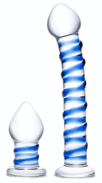 Набор из 2 стеклянных игрушек с синей спиралью Swirly Dildo & Buttplug Set (Цвет: прозрачный)