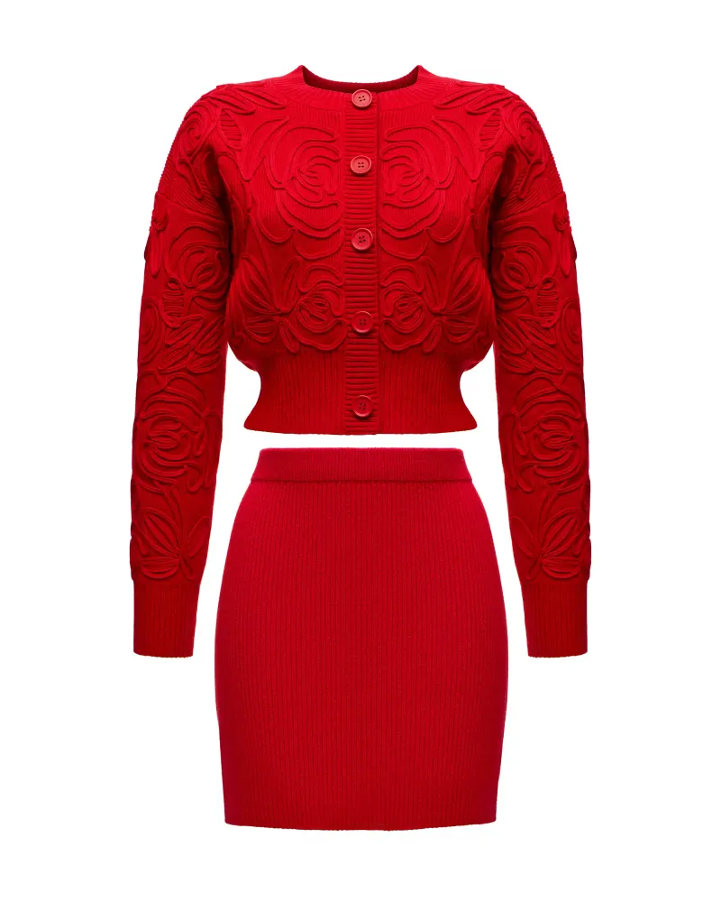 Maryl-Donna mini, вязанный комплект, свитер и юбка мини из красного хлопка