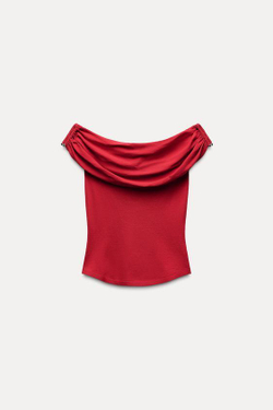 ZARA ТРИКОТАЖНЫЙ ТОП С ЗОЛОТИСТОЙ ДЕТАЛЬЮ, КРАСНЫЙ