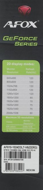 Видеокарта AFOX NVIDIA  GeForce GT 610 AF610-1024D3L7-V6 1ГБ GDDR3, Ret