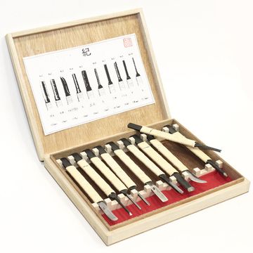 Набор японских резцов по дереву, Kawakioy-Nori, 10штук (ротанговая обмотка, деревянный ящик)