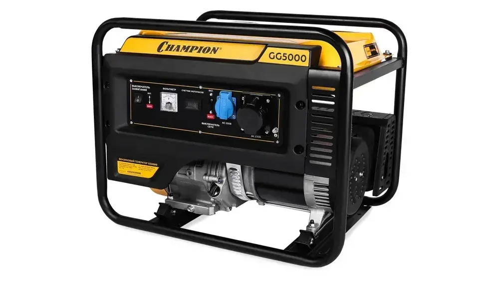 Генератор бензиновый CHAMPION GG5000 (5,5кВт, 15лс, 4-х тактный двигатель, бак 25л, 71кг, счетчик моточасов) / бензогенератор