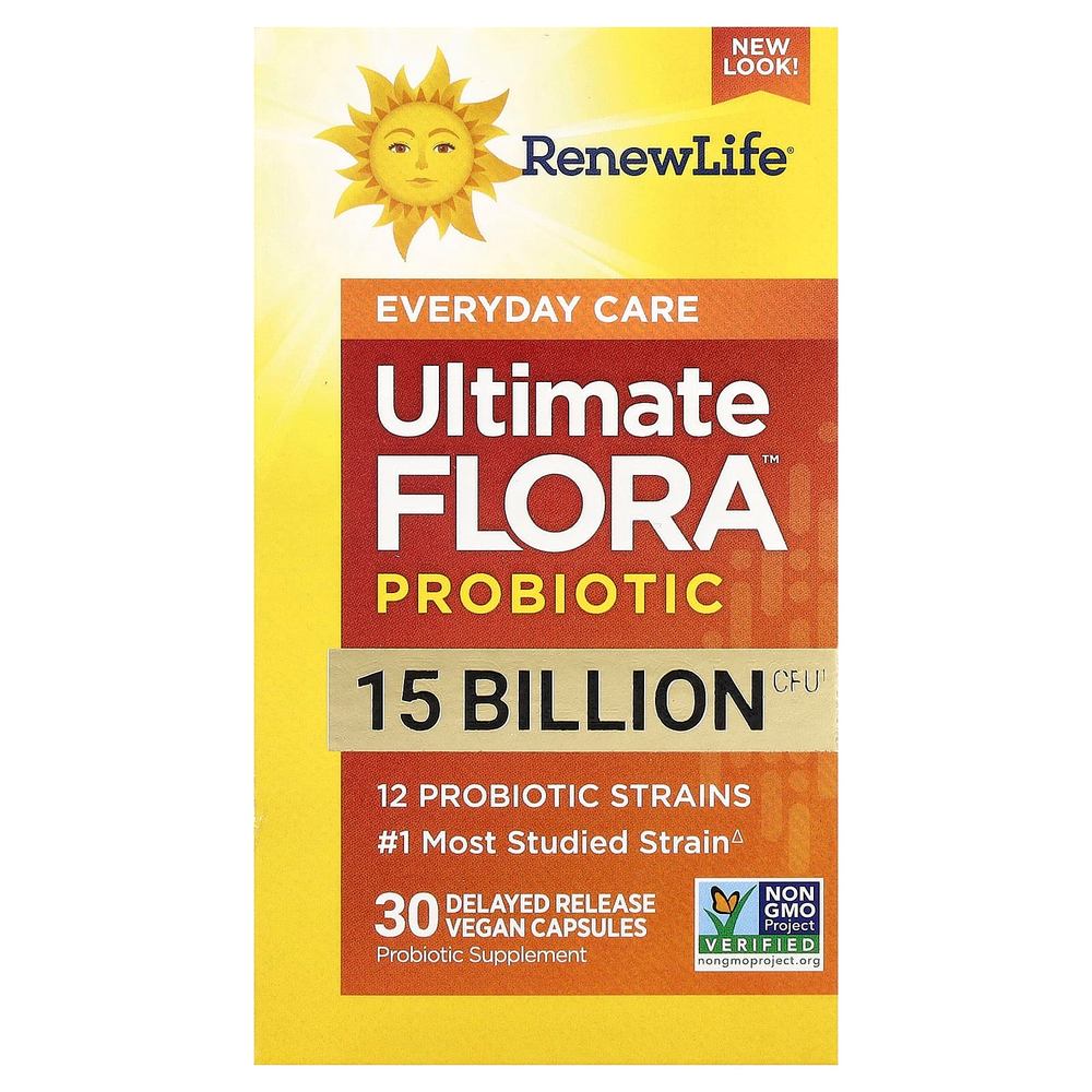Renew Life, Ultimate Flora™, пробиотик Ultimate Flora™, 15 млрд КОЕ, 30 веганских капсул с отсроченным высвобождением