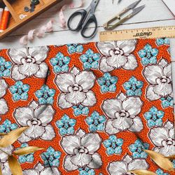 Ткань муслин белые цветы с голубыми