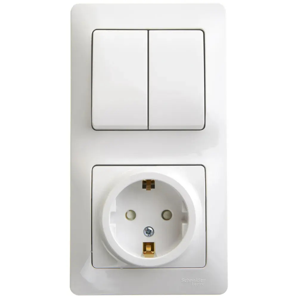 GLOSSA БЛОК: РОЗЕТКА с заземлением со шторками + 2-клавишный ВЫКЛЮЧАТЕЛЬ, БЕЛЫЙ