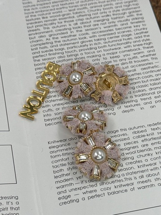 Пуговицы золотые со стразами и жемчугом в форме цветка с твидовой розовой тесьмой