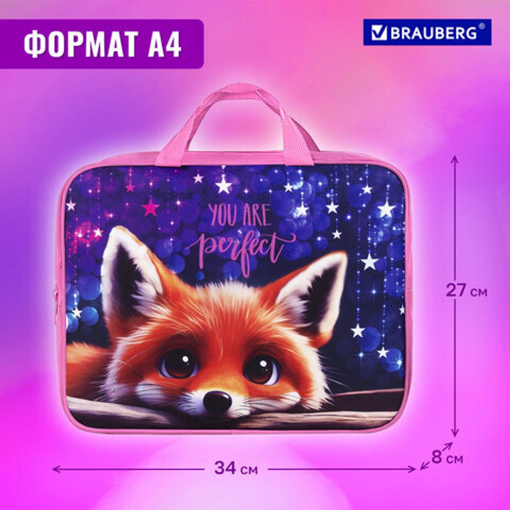 Папка на молнии с ручками BRAUBERG А4, 1 отделение, полиэстер, 80 мм, "Cute fox", 272176