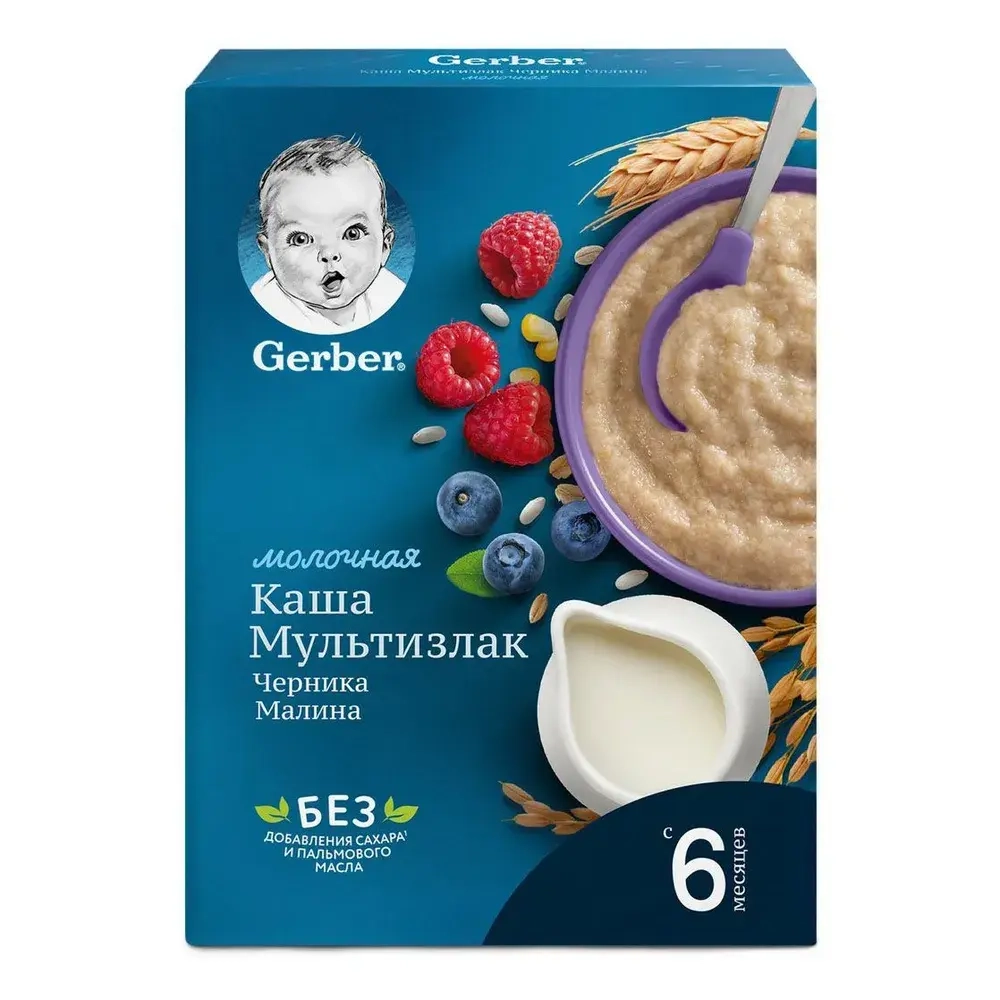 Каша Gerber молочная мультизлаковая с бананом и черникой, с 6 месяцев, 180 г