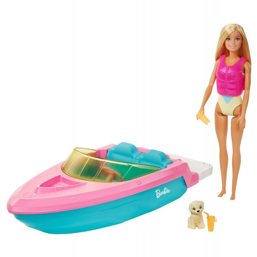 Barbie Кукла Барби в купальнике с лодкой, спасательным жилетом и щенком GRG30