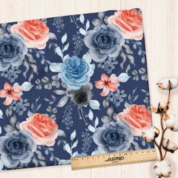 Ткань флис голубые розы на синем