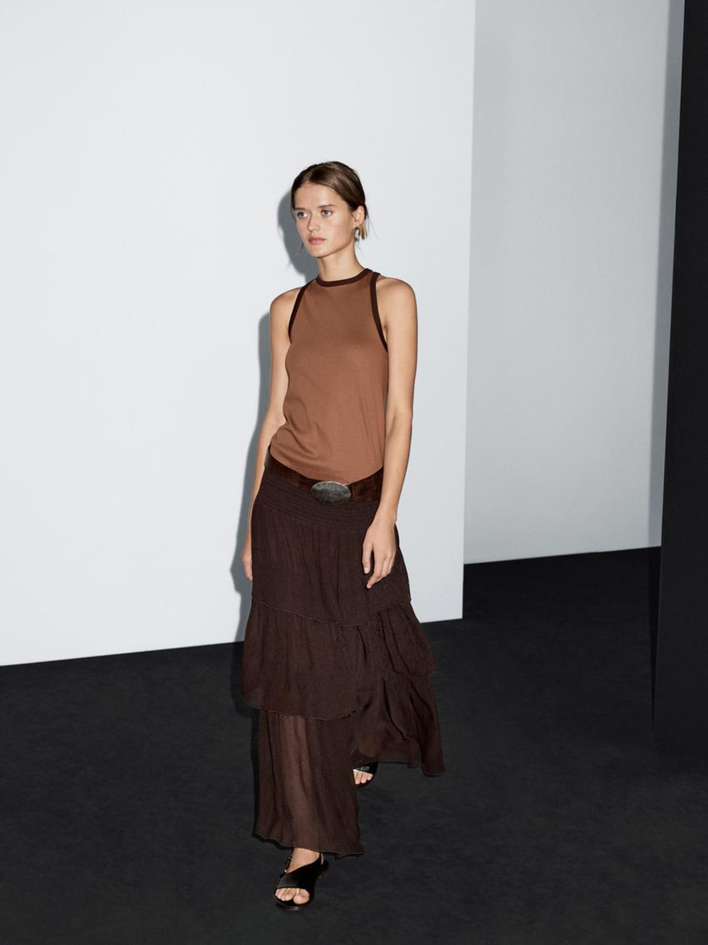 Massimo Dutti Топ из 100% хлопка с горловиной халтер и контрастной отделкой, кофейный