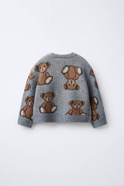 ZARA ВЯЗАНЫЙ ДЖЕМПЕР С ПРИНТОМ «МЕДВЕДИ», СЕРЫЙ МЕЛАНЖ