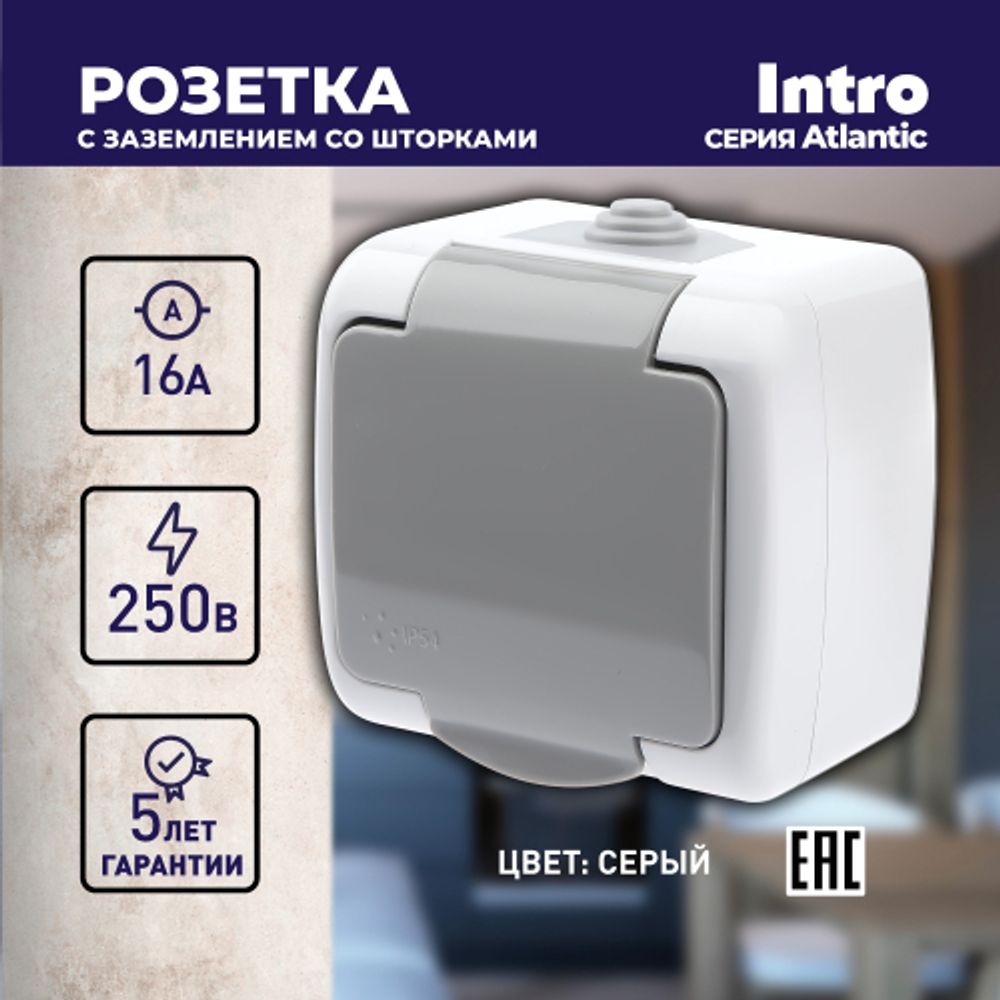 Розетка Intro Atlantic 5-202-03 с заземлением со шторками 2P+E Schuko, 16А-250В, IP54, открытой установки, серый