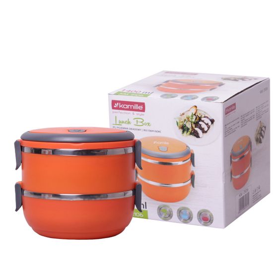 Ланч бокс двойной 1400 мл. круглый Kamille КМ-2106 (пластик, нержавеющая сталь)