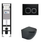 Унитаз подвесной WeltWasser AMBERG 350 + MERZBACH 043 MT-BL + AMBERG RD-BL черный матовый, безободковый, с крышкой микролифт, слив-торнадо, с инсталляцией и черной кнопкой