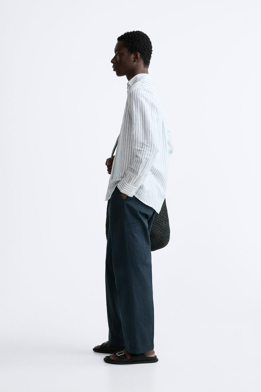 ZARA РУБАШКА ИЗ СМЕСОВОГО ЛЬНА, СИНИЙ/БЕЛЫЙ