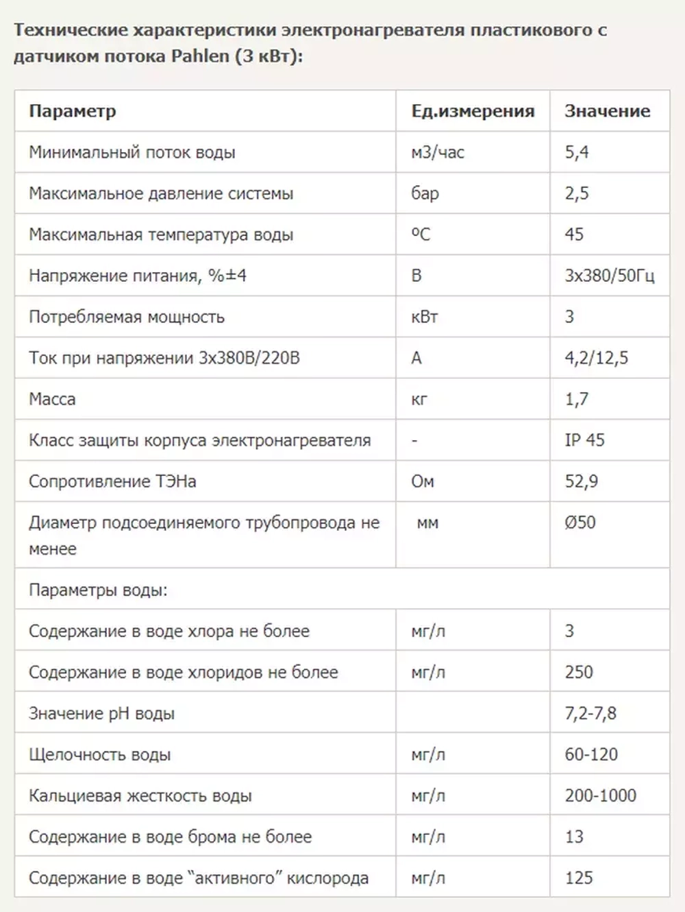 Электронагреватель для бассейна - 3кВт, 380/220В, подкл. Ø50мм, Incoloy 825, 0-45 С°, корпус пластик - Pahlen, Швеция