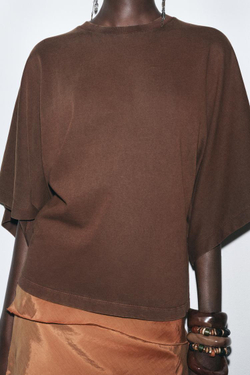 ZARA ФУТБОЛКА ИЗ ТКАНИ С ЭФФЕКТОМ ПОТЕРТОСТИ С ШИРОКИМИ РУКАВАМИ, КОРИЧНЕВЫЙ