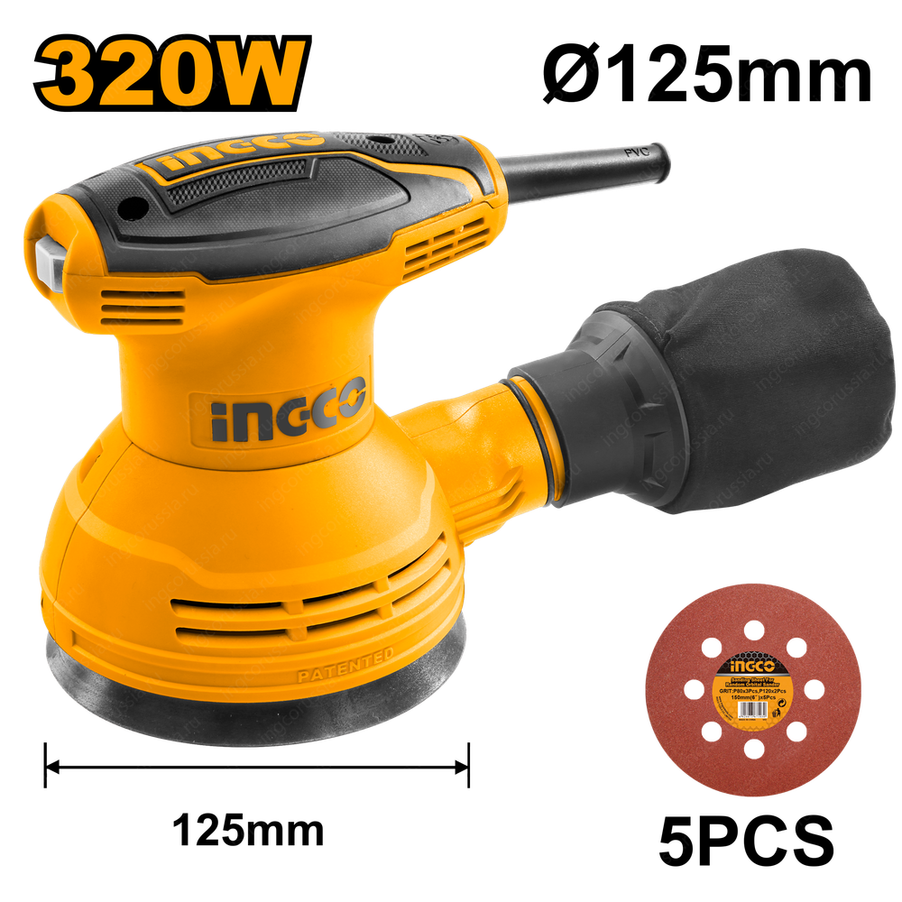 Эксцентриковая шлифовальная машина INDUSTRIAL 320Вт 125мм 12000 об/мин, кор