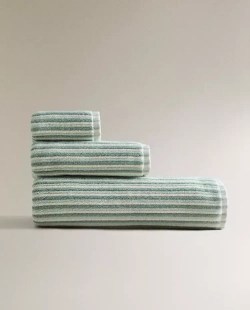 ZARA HOME БАННОЕ ПОЛОТЕНЦЕ ИЗ РЕЛЬЕФНОЙ ТКАНИ В РАЗНОЦВЕТНУЮ ПОЛОСКУ, ЭКРЮ/ЗЕЛЕНЫЙ