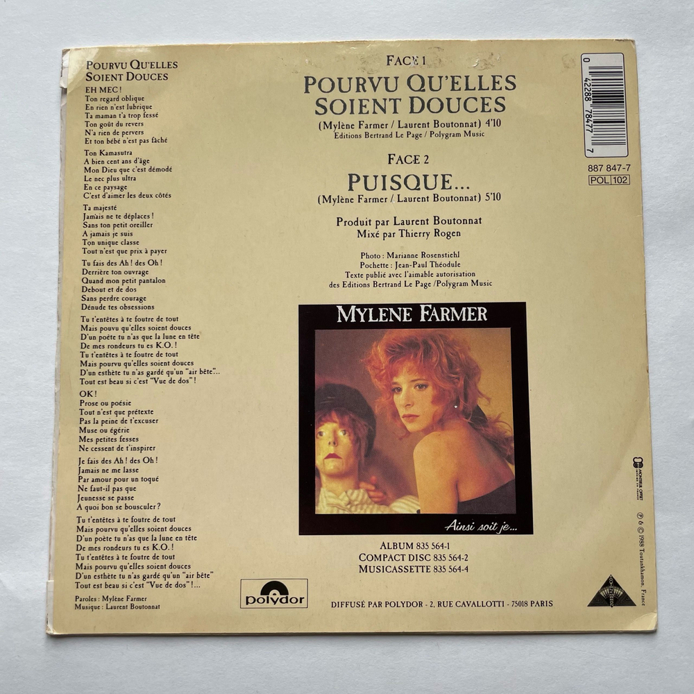 Винтажная виниловая пластинка LP Mylene Farmer Pourvu Qu'elles Soient Douces (Франция 1988) 7 дюймов маленькая пластинка