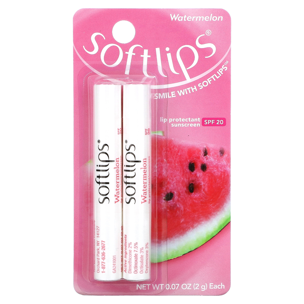 Softlips, Солнцезащитное средство для губ, SPF 20, арбуз, 2 пакетика по 2 г (0,07 унции)