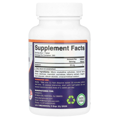 Vitamatic, Мелатонин, натуральные ягоды, 20 мг, 365 быстро растворяющихся таблеток
