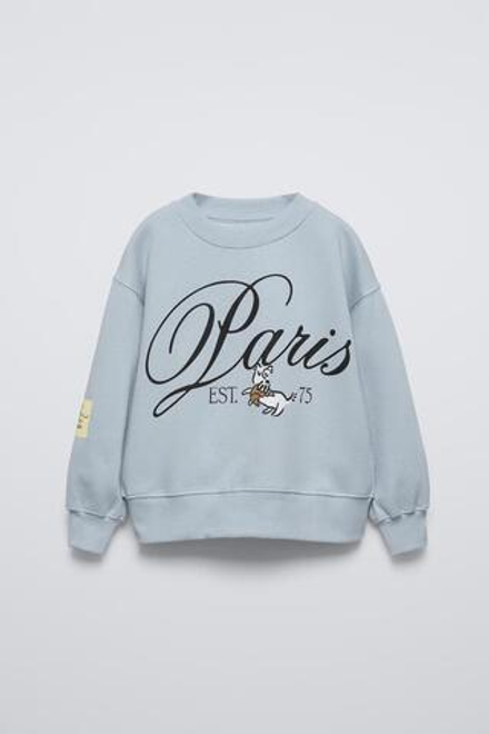 ZARA ТОЛСТОВКА С ПРИНТОМ «СОБАКА» И НАДПИСЬЮ PARIS, ГОЛУБОЙ