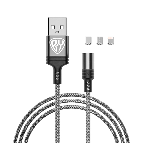 Кабель для зарядки 3в1 iP/microUSB/Type-C BY Магнитный, 1м, 2.1А, серый