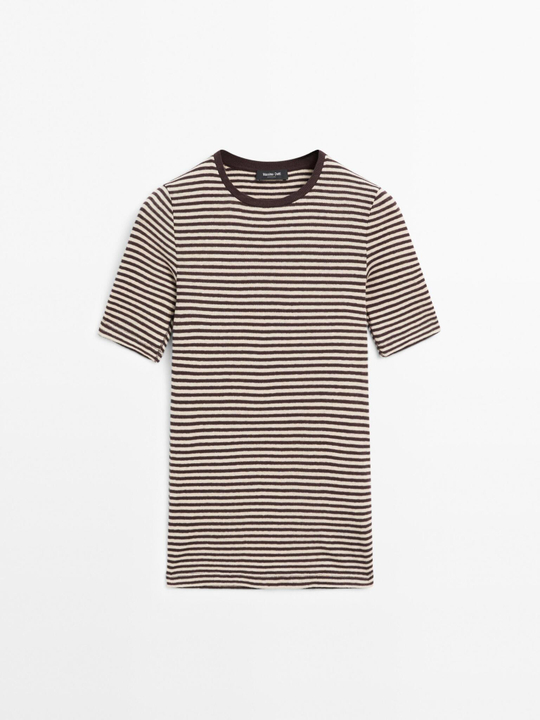 Massimo Dutti Футболка в полоску с короткими рукавами, коричневый