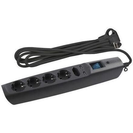 Удлинитель с сетевым фильтром 5х2м с заземл. 10А IP20 U-5es-2m-B 2хUSB ПВС 3х0.75 с выкл. защ. шторки черн. Эра C0043326