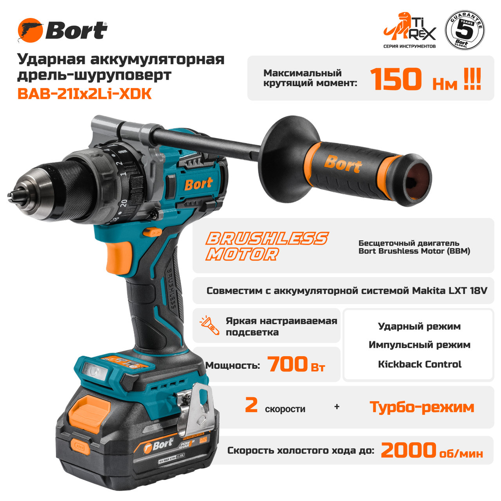 Дрель-шуруповерт аккумуляторная ударная BORT BAB-21Ix2Li-XDK (2x4Ач+ЗУ)