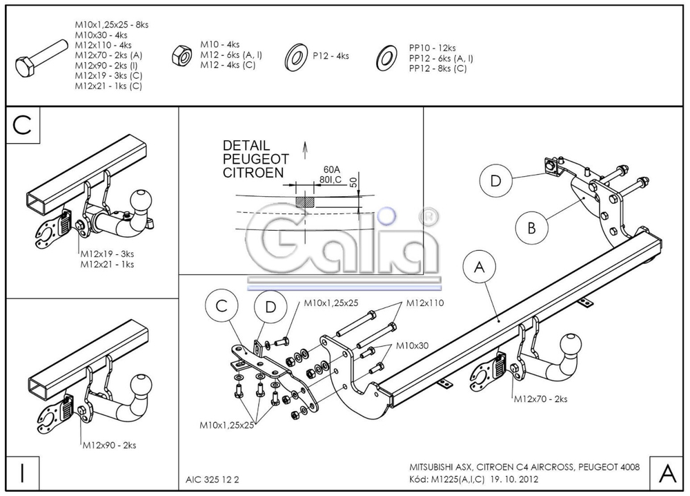 Фаркоп оцинкованный Galia M122A для Mitsubishi Eclipse Cross 2018-, Mitsubishi ASX 2010-, Citroen C4 Aircross 2012-, Peugeot 4008 2012-(паспорт и сертификат в комплекте)(без электрики)
