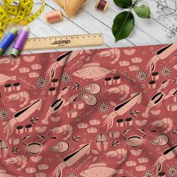 Ткань блэкаут коралловые морепродукты на красном фоне