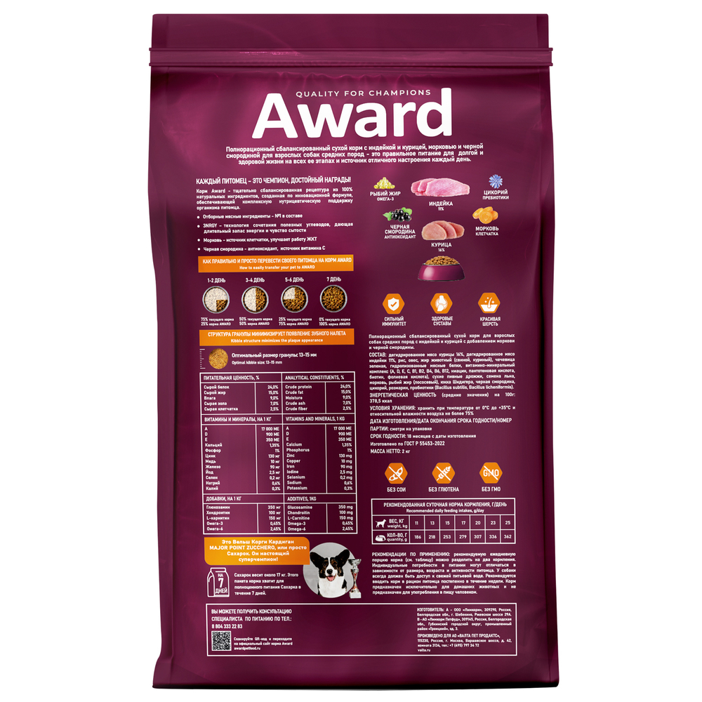 AWARD Сухой корм для взрослых собак средних пород с индейкой и курицей, 2кг