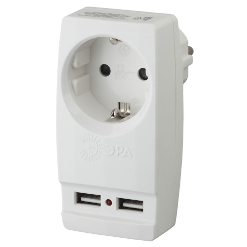 Разветвитель электрический ЭРА SP-1e-USB-W на 1 розетку + 2 USB с заземлением 16А белый | Тройники