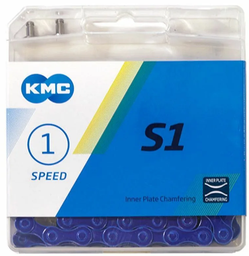 Цепь KMC S1 для 1 скорости, 1/2"х1/8", 112 звеньев, пин 8.7мм, с замком, синяя (60)