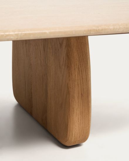 Журнальный столик Pirita из бежевого травертина с ножками из дуба натурального цвета, 147 x 65 см